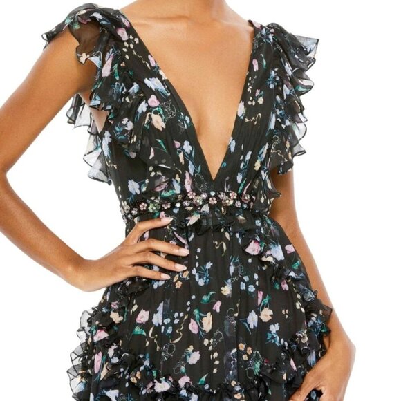 Mac Duggal Women's Black Floral Ruffled Chiffon Leena Maxi Dress Size 8 2808 - Picture 11 of 16